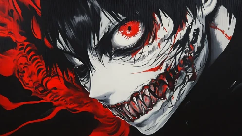 Demonic anime portrait radiates violent crimson energy