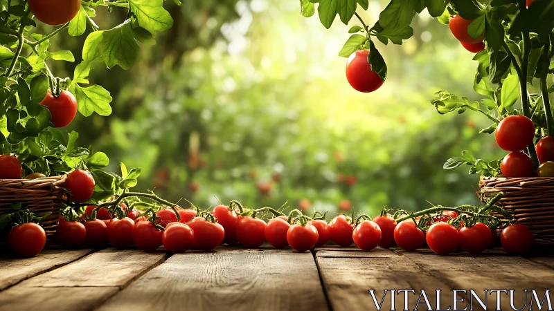 Ripe garden tomatoes line rustic wooden table under warm light
