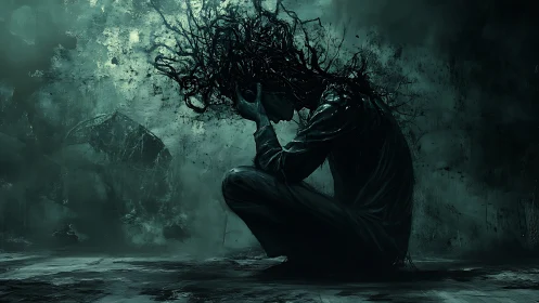 Solitary figure with tangled head in dark abstract space.