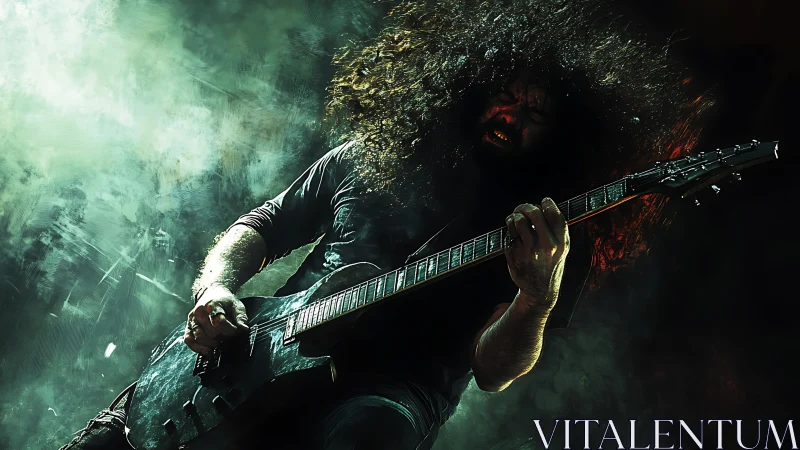 Metal guitarist in dynamic low-angle stage lighting portrait.