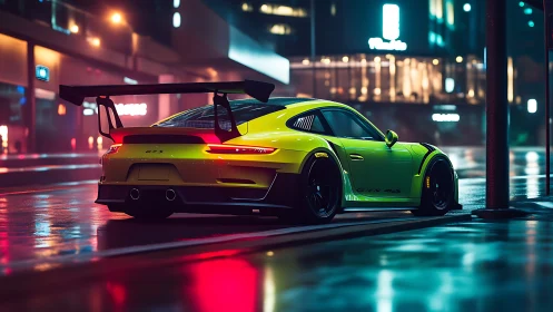 Neon-lit lime green GT sports car poised on wet city street.