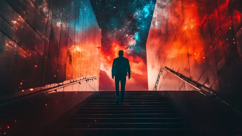 Stair-climbing dreamer steps into a corridor made of cosmos
