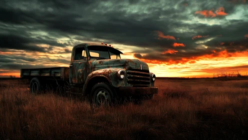 Rusted prairie truck waits quietly beneath a burning sky