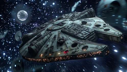 Starfreighter cuts luminous hyperspace tunnel through starlight.