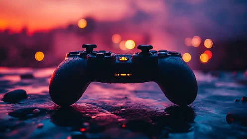 Sunset-soaked game controller rests ready for play and wonder