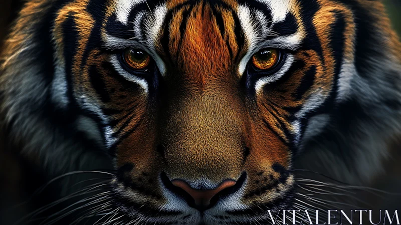 Photorealistic tiger portrait in tight frontal symmetry study.
