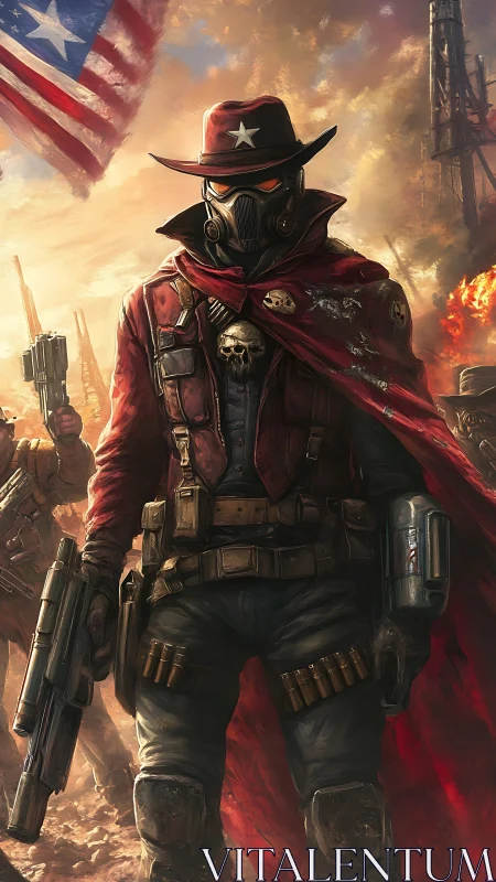Post apocalyptic gunslinger in red armor and mask stands tall.