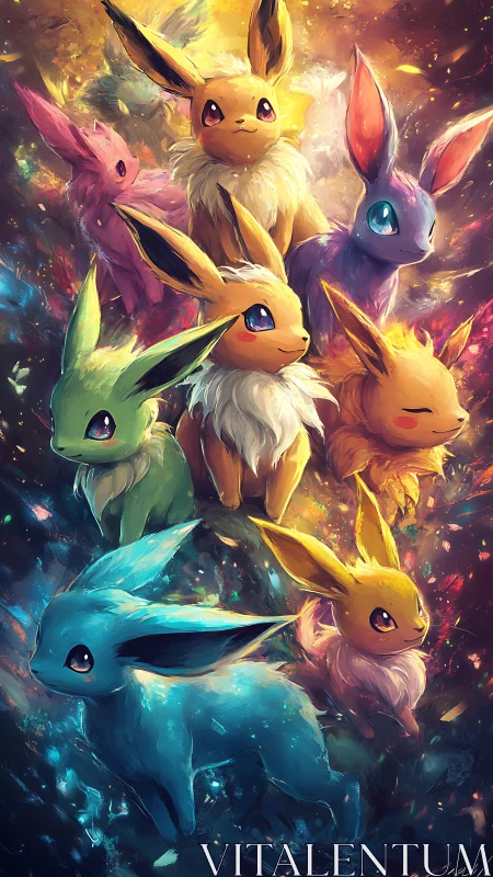 Chromatic fox-like creatures in radiant clustered formation.