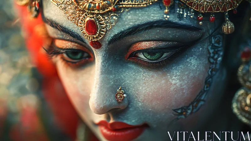 Divine goddess portrait with jeweled headdress and gaze.