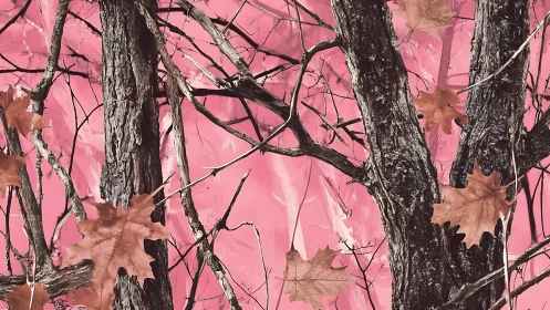 Pink forest daydream with tangled branches and quiet leaves.
