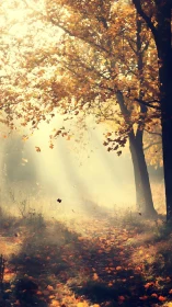 Golden autumn forest path glows under angled morning light