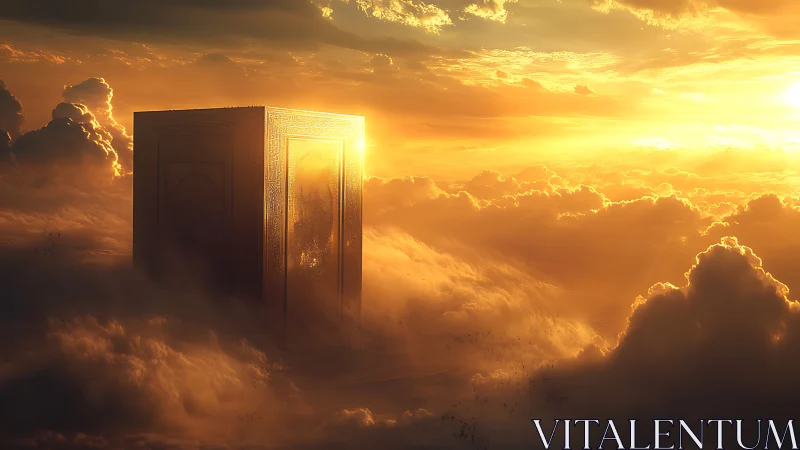 Golden monolith rising through radiant sunset clouds.
