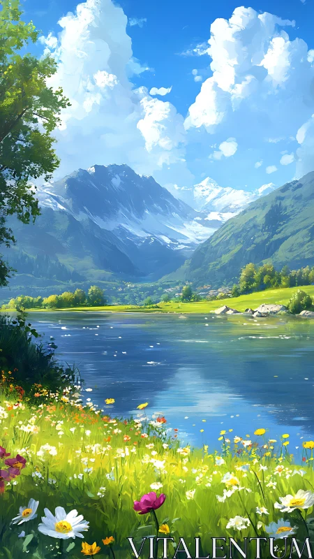 Sunlit alpine lake with wildflower meadow foreground.