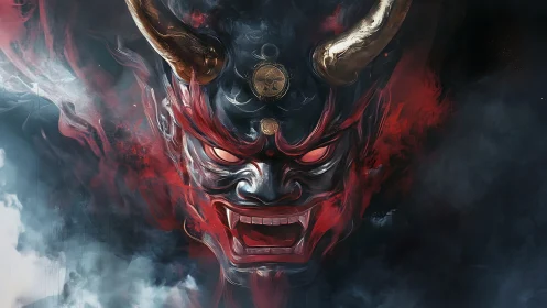 Demonic oni mask emerging from smoke in fiery digital art.