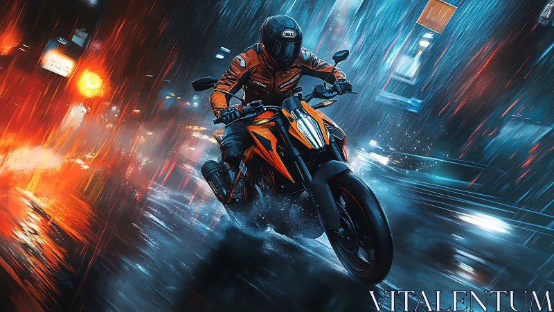 Motorcycle rider carves neon city street through heavy rain.
