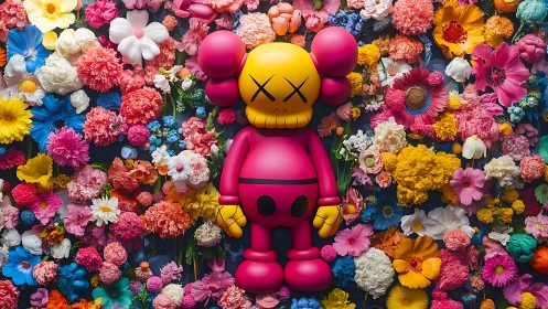 Fluorescent toy guardian floats in a riotous floral storm