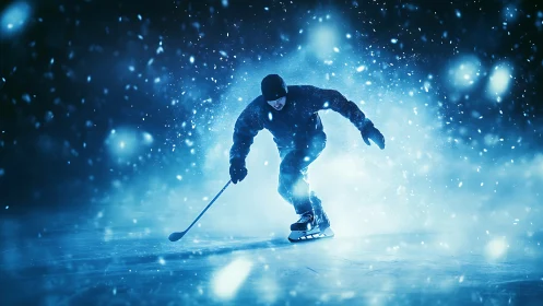 Ice hockey player skating on outdoor rink in snowfall.