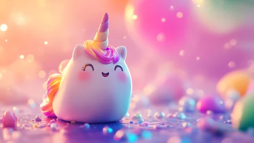 Chibi unicorn figurine sits on glitter surface in bokeh light