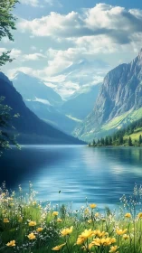 Gentle alpine lake cradled by sunlit peaks and wildflowers.