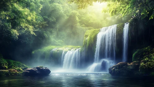Lush rainforest cascade with misty pool and radiant backlight.