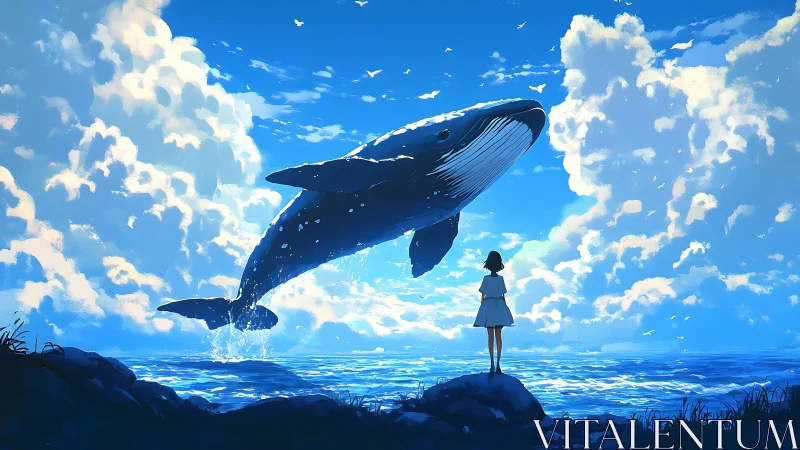 Girl observing breaching whale in luminous digital seascape.