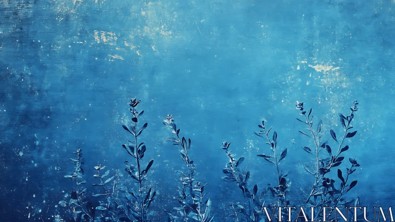 Blue tonal botanical silhouettes against textured abstract field