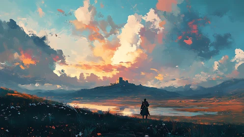 Wanderer gazes toward a distant castle beneath a blazing sky