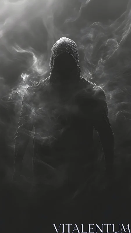 Hooded shadow figure emerges from swirling monochrome fog.