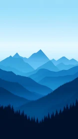 Layered blue mountain ranges with minimalist gradient sky.