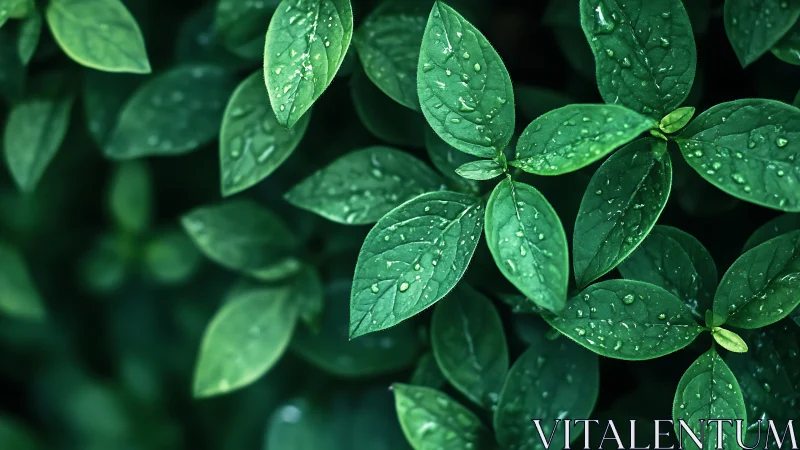 Rain-kissed green leaves glow softly in tranquil shade.