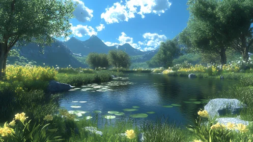 Parametric alpine pond rendering with volumetric daylight.