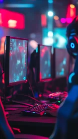 Esports gamer focuses in neon-lit competitive arena setup.