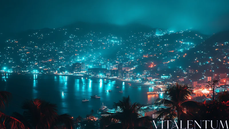 Neon lit coastal city and harbor under misty night sky.