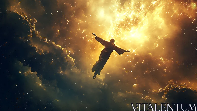 Luminous robed figure ascends through blazing golden nebula