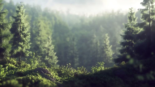 Misty coniferous forest with sunlit clearing through trees.