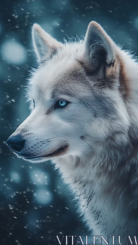 Snowy blue-eyed husky gazing softly into the winter hush.