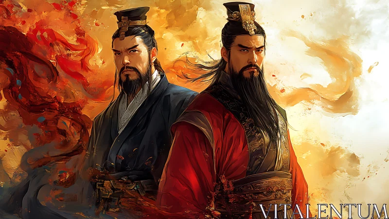 Twin warrior lords stand in swirling firelit battlefield haze