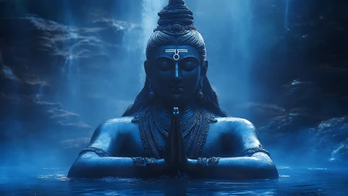 Midnight Shiva breathes stillness into a moonlit waterfall