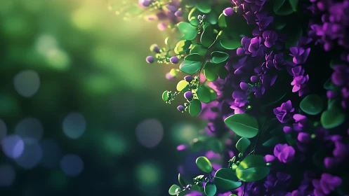 Purple flowers with green foliage against blurred bokeh background.