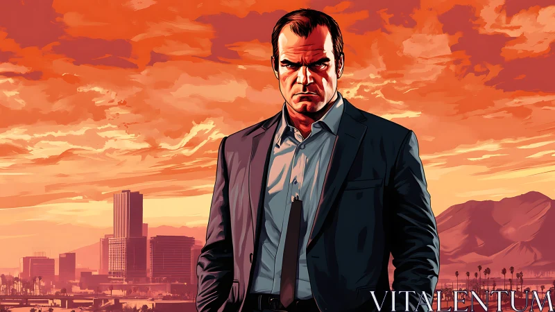 Suited male figure stands before stylized urban landscape