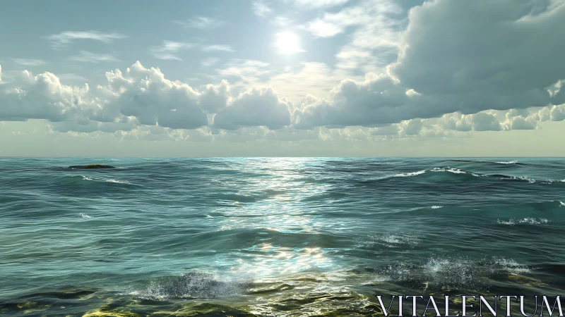 Sunlit open ocean with gentle waves and clouded sky.