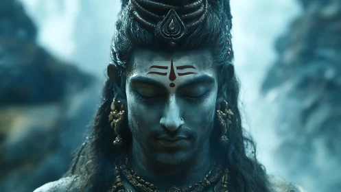 Meditating blue-skinned figure with closed eyes and topknot