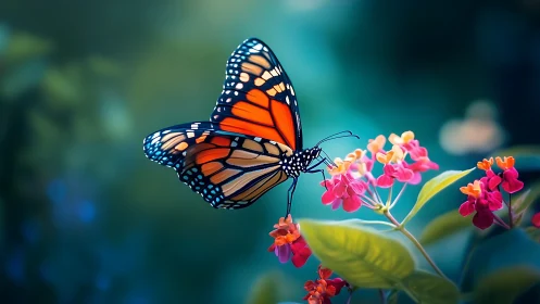 Gentle monarch butterfly pausing over bright garden blooms.