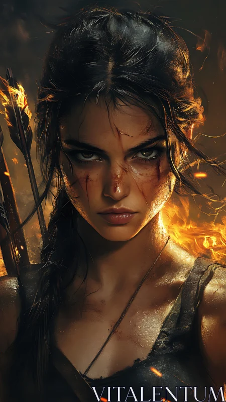 Battle-scarred archer woman amid flames, intense stare.