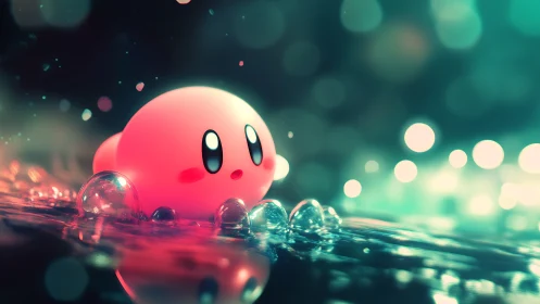 Pink spherical character on reflective liquid surface at night.