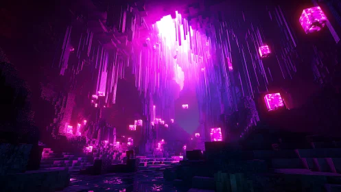 Luminous crystal cavern pulses with surreal magenta light