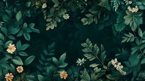 Dense emerald foliage frames negative space in botanical study