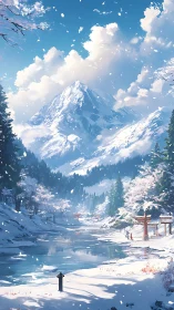 Snow-clad alpine shrine valley rendered in luminous digital art