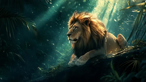 Male lion resting on forest ledge under filtered light.