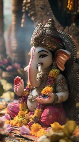 Gentle Ganesha glows amid marigold garlands and drifting incense